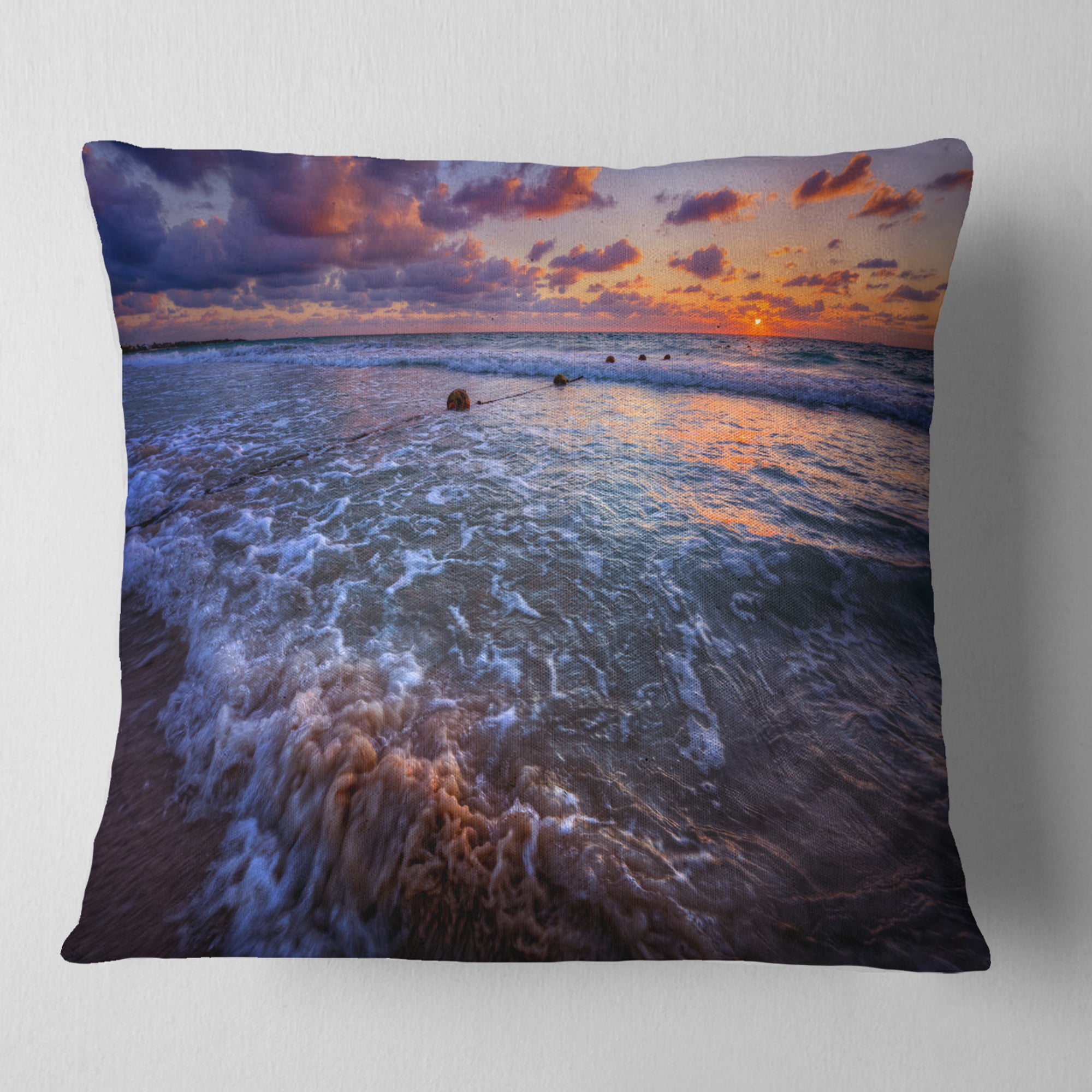 Designart Cloudy Sky and Stormy Waves - Seashore Throw Pillow - 16x16