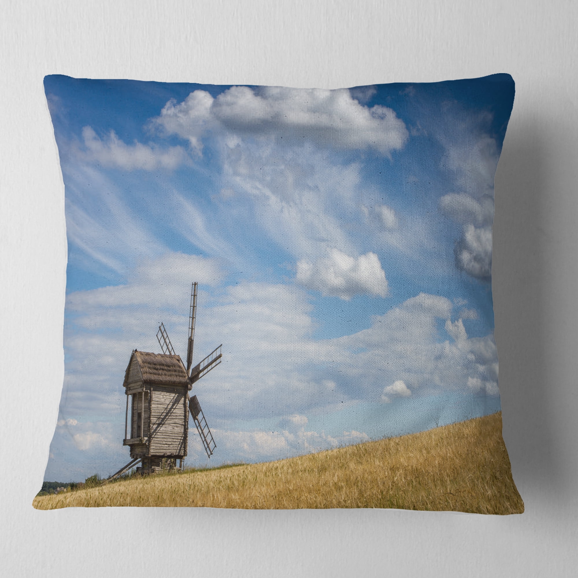 Designart Cloudy Sky and Windmill Summer day - Landscape Printed Throw Pillow - 18x18