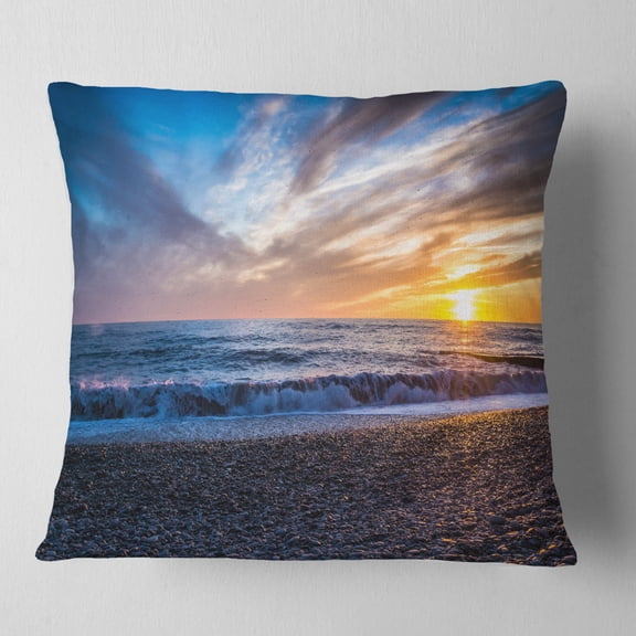Designart Cloudy Sky with Bright Full Yellow Sun - Beach Photo Throw Pillow - 16x16