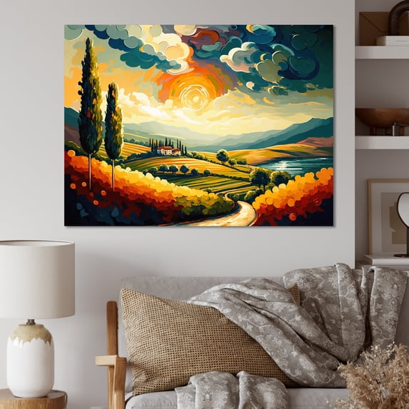 Designart "Cloudy Sunburst Mountains IV" Landscape Mountains Wall Art For Kitchen