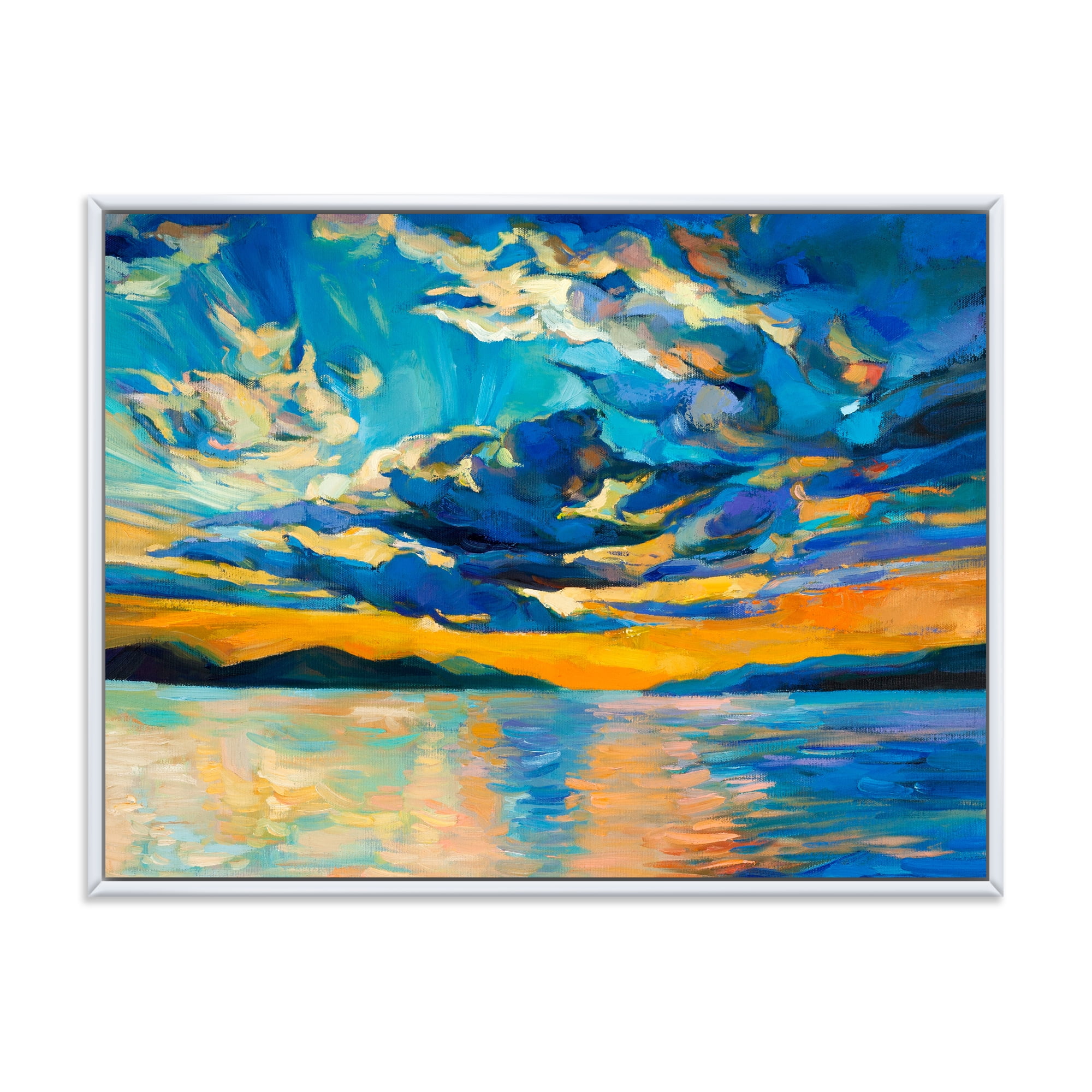 Designart 'Cloudy Sunset Over Wide Open Ocean Horizon' Nautical & Coastal Framed Canvas Wall Art Print