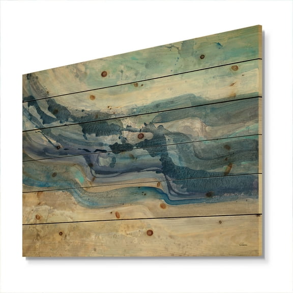 Designart 'Coast Blue Sea Waves Watercolour' Modern Farmhouse Print on Natural Pine Wood