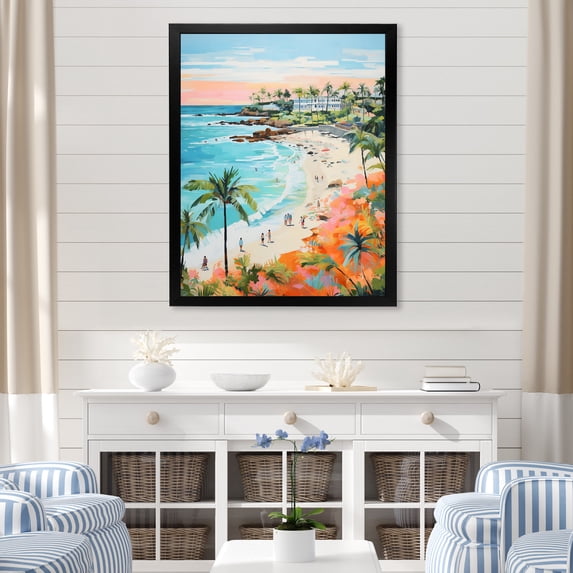 Designart "Coastal Beach Scene Paradise in Pastel Colors II" Coastal Framed Wall Art - Coastal Pink Coastal Beach Entryway Framed Wall Art Print