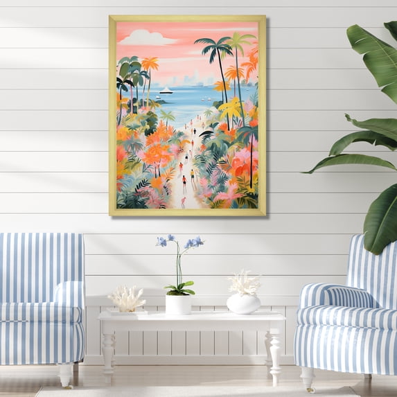 Designart "Coastal Beach Scene Paradise in Pastel Colors IV" Coastal Framed Wall Art - Coastal Pink Coastal Beach Hallway Framed Wall Art Decor
