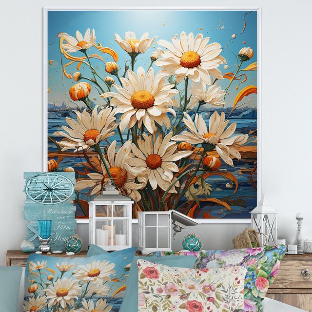 Designart "Coastal Blue with White Daisy Flowers" Floral Framed Wall