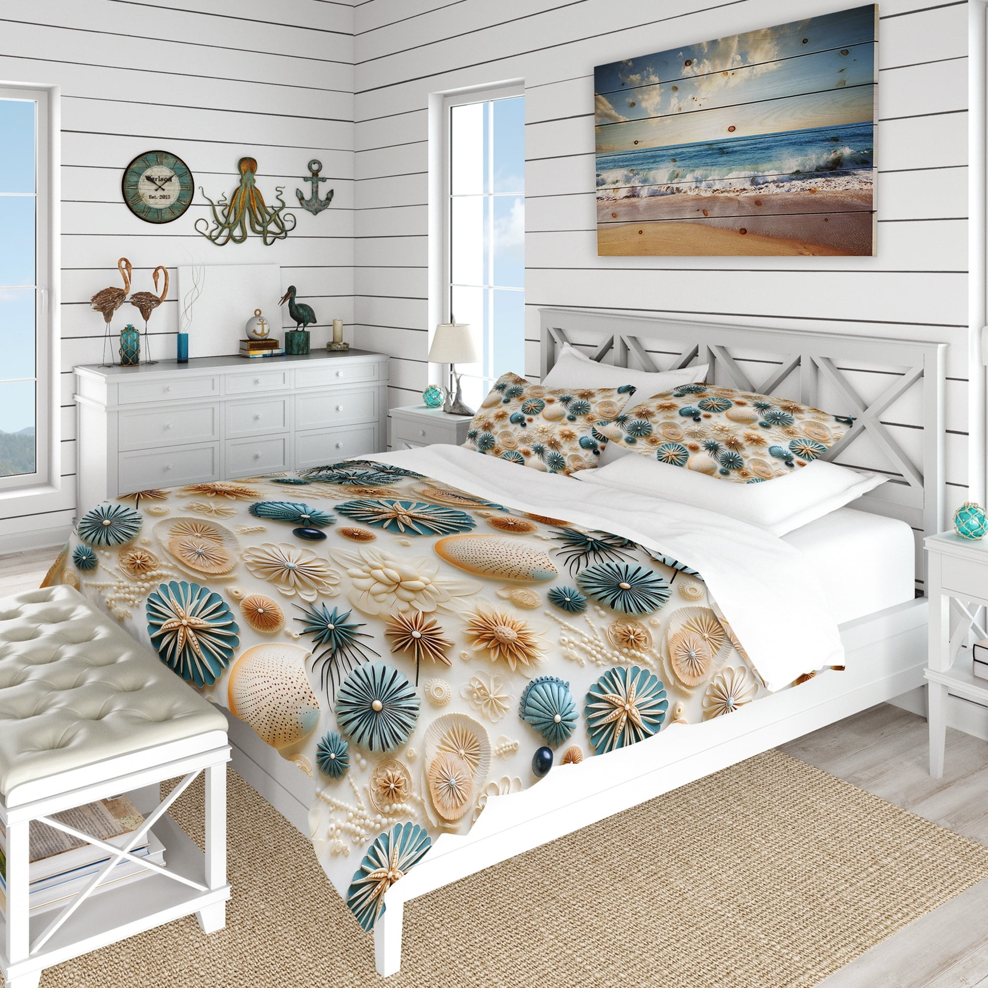 Designart Coastal Boho Harmony I Blue Coastal Bedding Covert Set Nautical Coastal Bed Set With 2 Shams Walmart Business Supplies