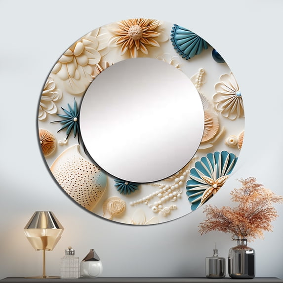 Designart "Coastal Boho Harmony I" Graphic Print Round Mirror Wall Decor Coastal - Large Blue Round Bathroom Mirror - Round Mirror - 23" x 23"