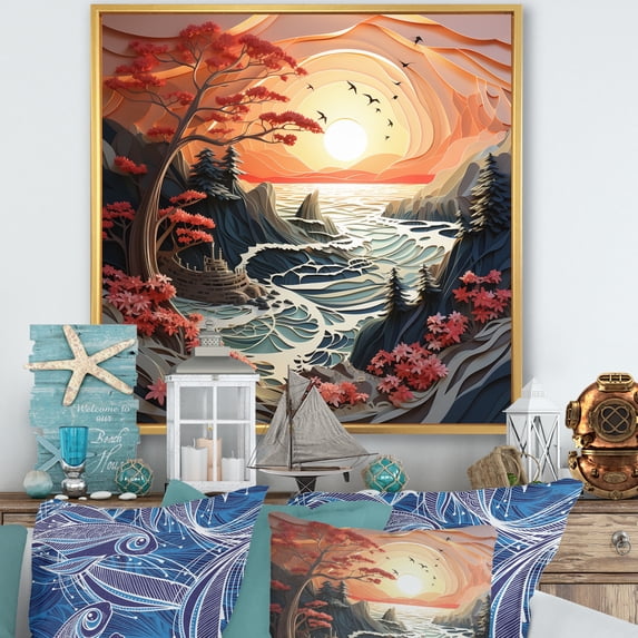 Designart "Coastal Calm Papercut I" Nautical & Beach Floater Framed Canvas Print