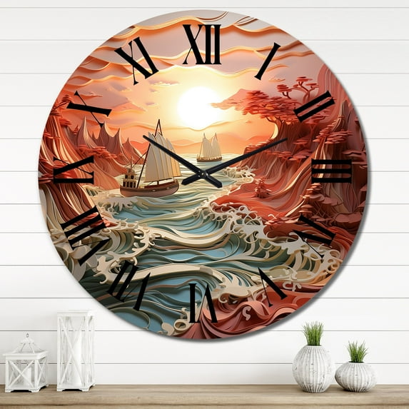 Designart "Coastal Calm Papercut II" Nautical & Beach Oversized Wall Clock