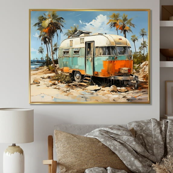 Designart "Coastal Camping Van in Pop Art Style" Landscapes Framed Wall Art - Country Blue Camping Travel Entryway Framed Wall Art