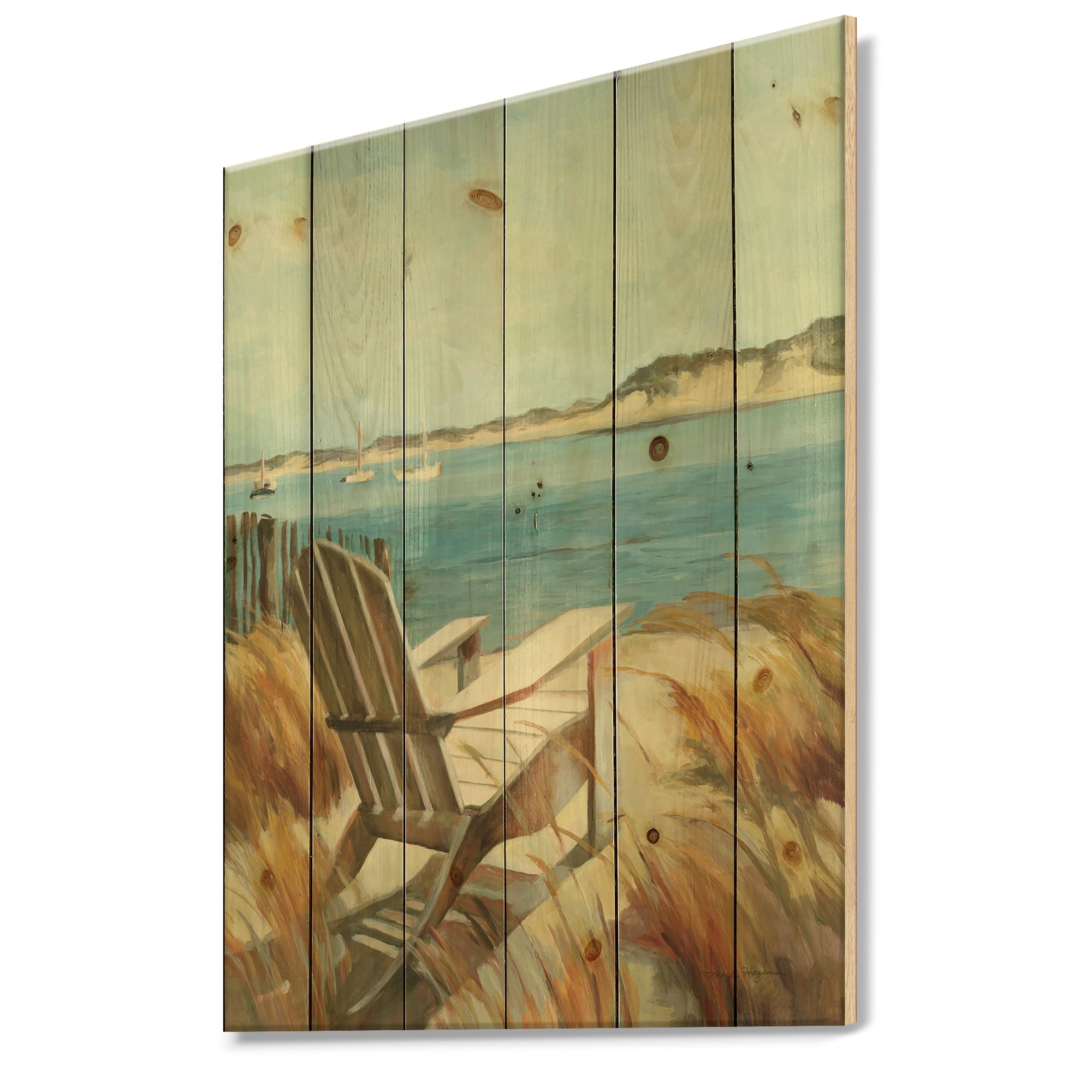 Designart Coastal Chair Relax Beach Nautical on Natural Pine Wood Art Print, 36" x 46"