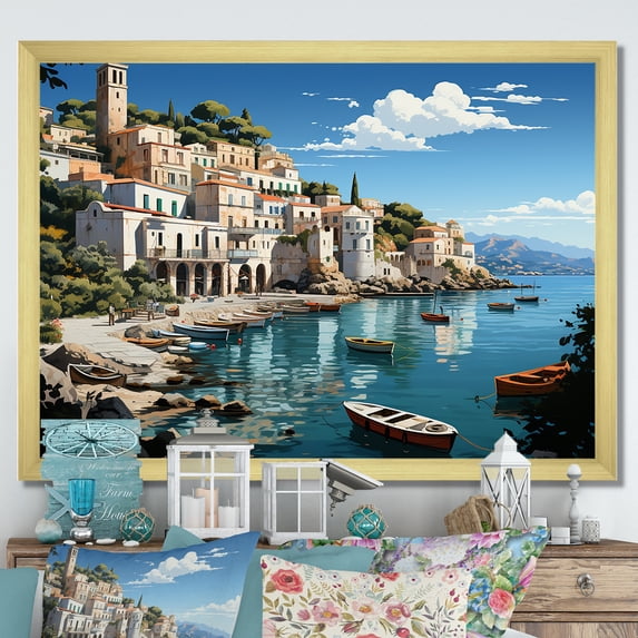 Designart "Coastal Dream Capri, Italy Landscape I" Landscapes Framed Wall Art Decor - Global Blue Landscape Italy Bedroom Framed Canvas Wall Art