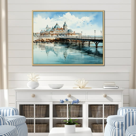 Designart "Coastal Dream House On The Horizon" Coastal Pier Floater Framed Wall Art Living Room