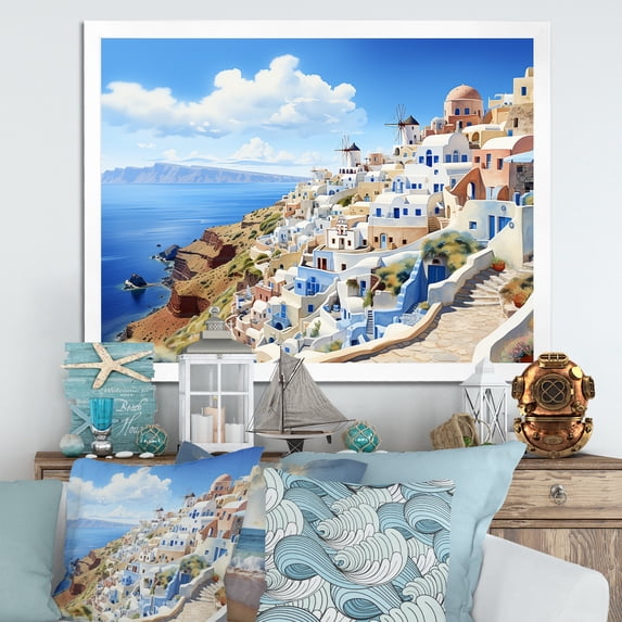 Designart "Coastal Dreamscape Greece V" Landscapes Framed Wall Art Decor - Country Blue Greece Entryway Framed Wall Art