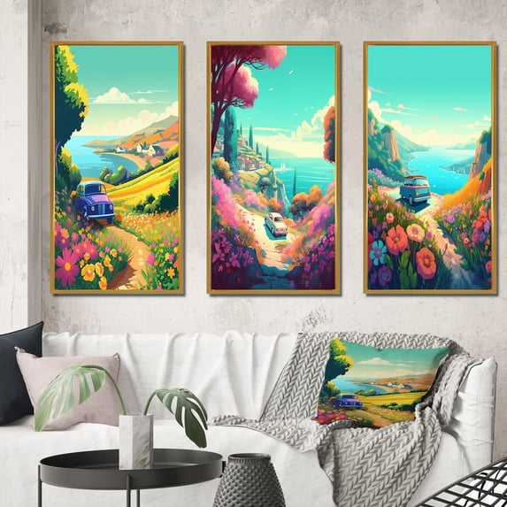 Designart "Coastal Drive by the Seaside III" Modern Landscape Beach Framed Wall Art Set Of 3 - Blue Modern Beach Frame Gallery Wall Set For Home Decor