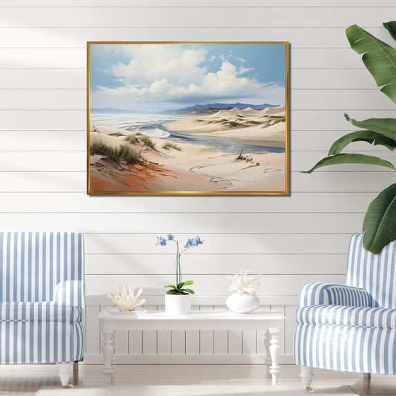 Designart "Coastal Dunes Coastal Sand art painting V" Landscapes Floater Framed Wall Art Living Room