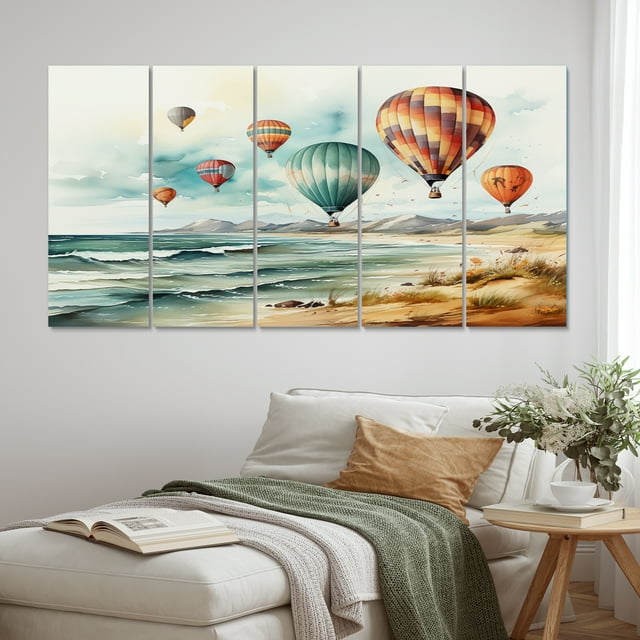 Designart "Coastal Flight Balloon Perspective I" Transportation Metal Wall Art Set