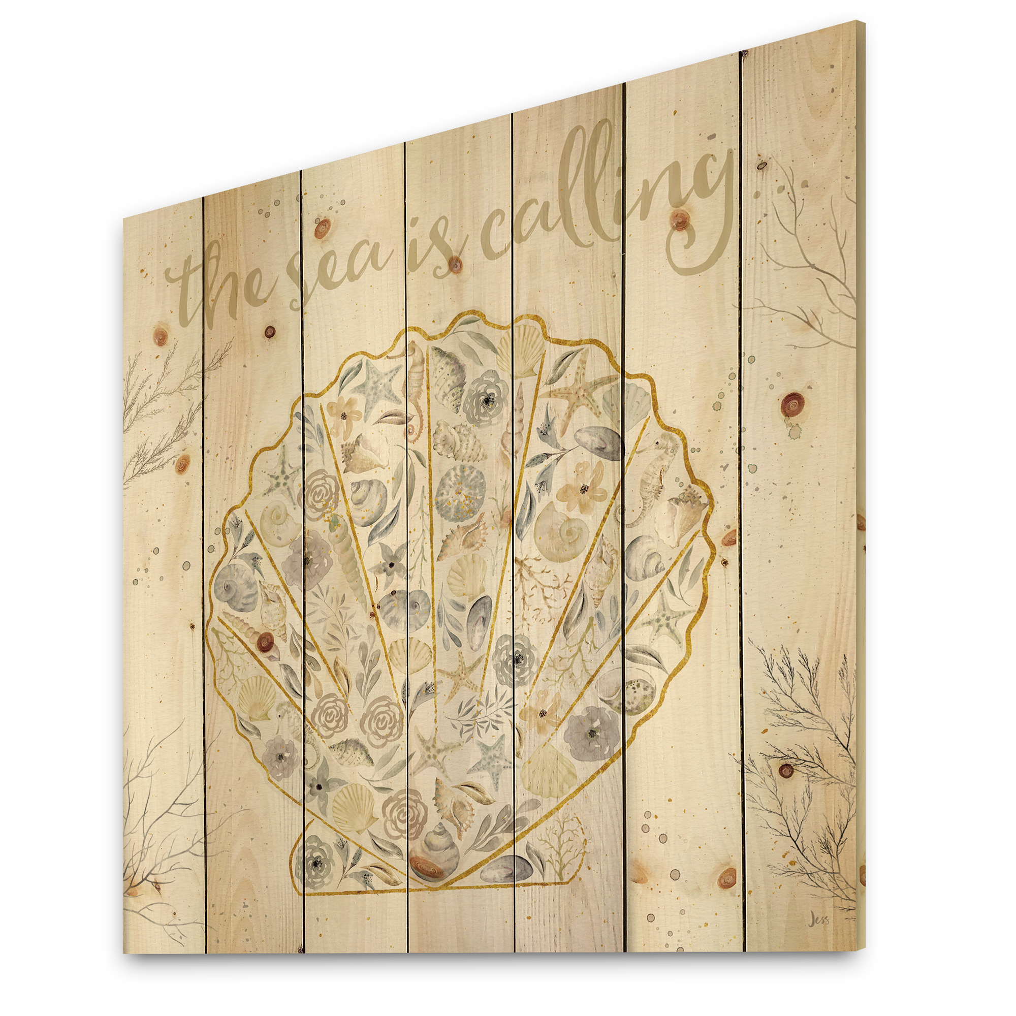 Designart 'Coastal Floral Blossoms I Neutral' Nautical & Coastal Print on Natural Pine Wood