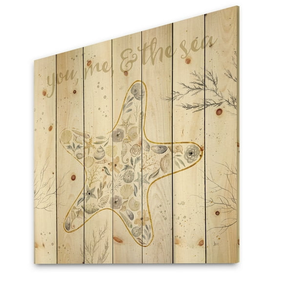 Designart 'Coastal Floral Blossoms II Neutral' Nautical & Coastal Print on Natural Pine Wood