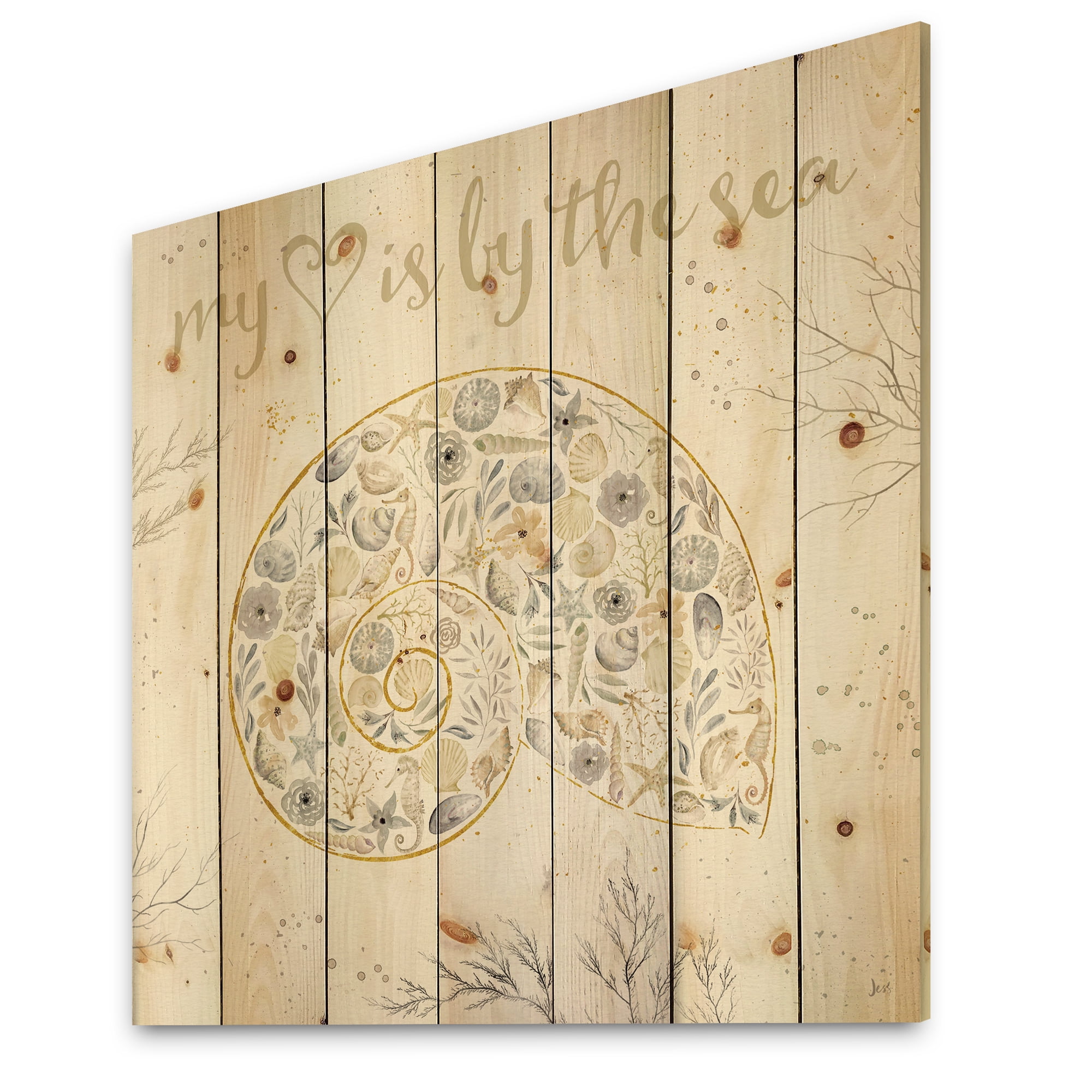 Designart 'Coastal Floral Blossoms III Neutral' Nautical & Coastal Print on Natural Pine Wood