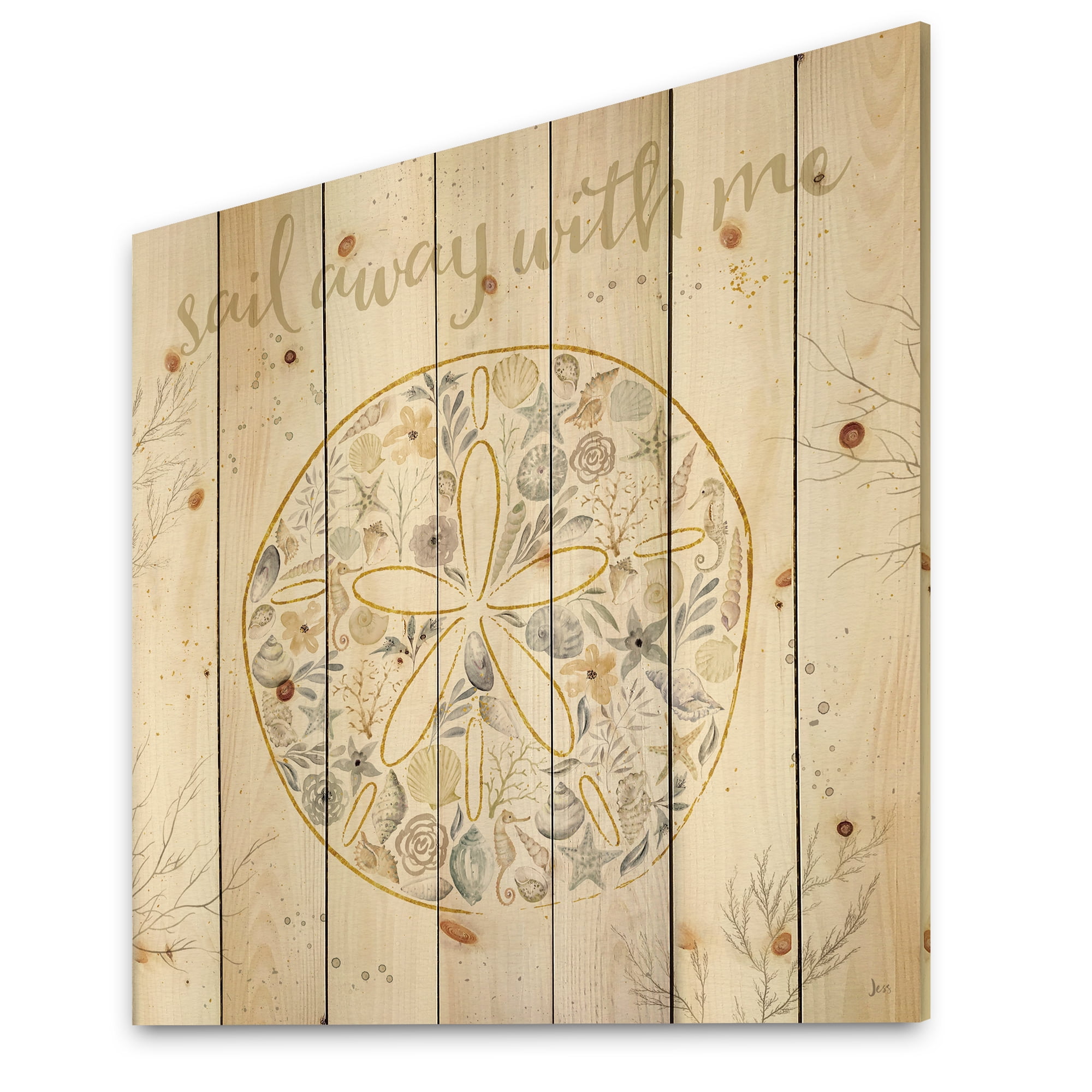 Designart 'Coastal Floral Blossoms IV Neutral' Nautical & Coastal Print on Natural Pine Wood