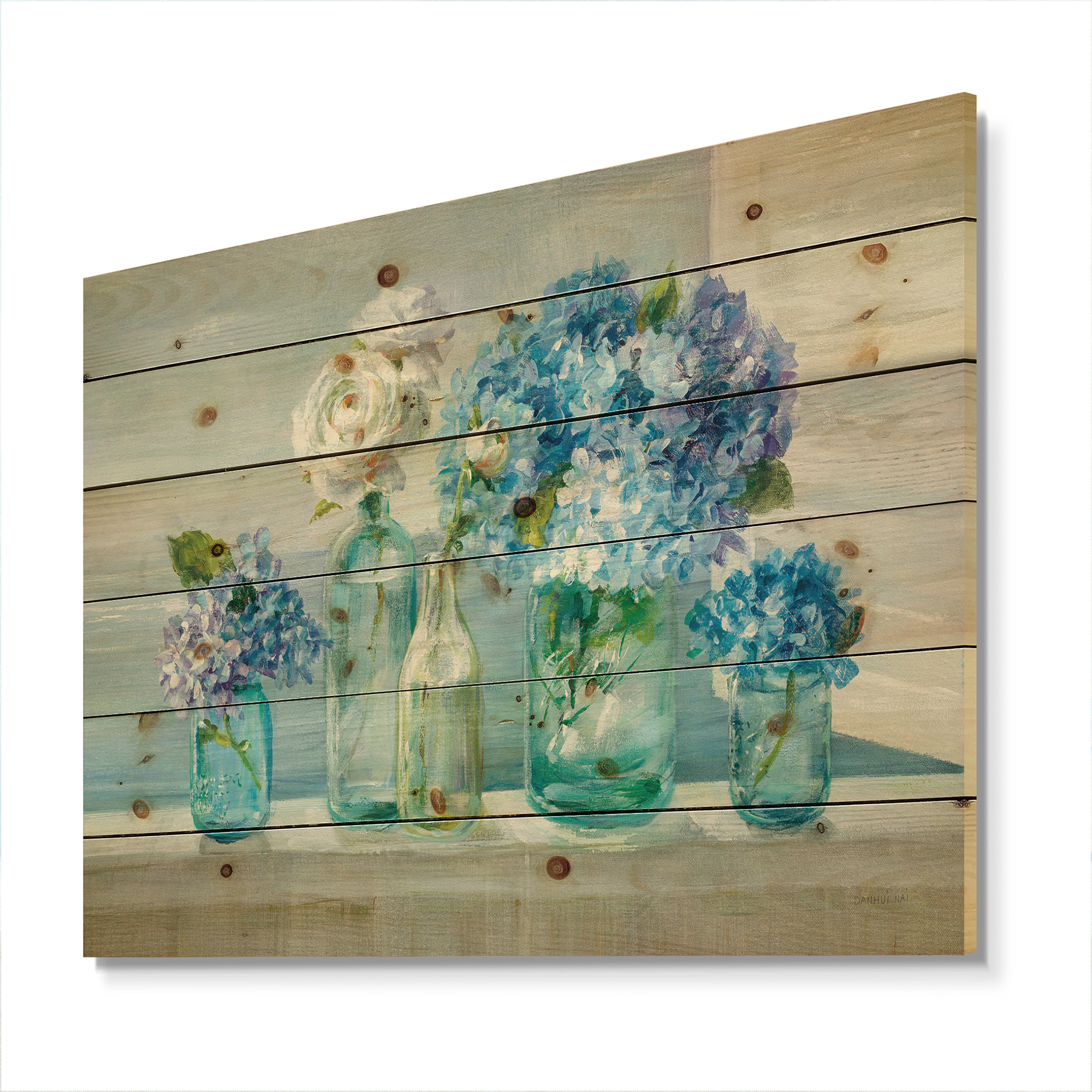 Designart 'Coastal Flowers Bouquets in Glass Bottles' Nautical & Coastal Print on Natural Pine Wood
