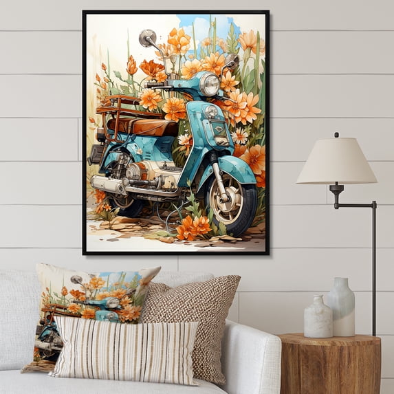 Designart "Coastal Flowers Turquoise Scooter" Scooter Floater Framed Canvas Art Print