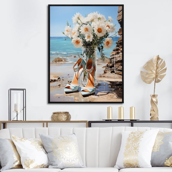 Designart "Coastal High Heels with Floral Design II" Fashion Framed Wall Art - Glam White Fashion High Heels Living Room Framed Canvas Art
