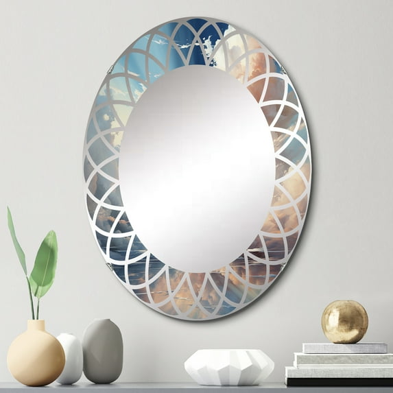 Designart "Coastal Horizon Clouds I" Landscapes Round Wall Mirror - Traditional Oval Printed Decorative Oversized Mirror - Multiple Color Options