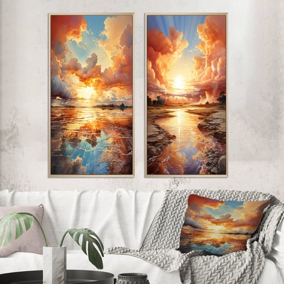 Designart "Coastal Horizon Clouds V" Clouds Framed Wall Art Set Of 2 - Peach Landscapes Framed Canvas Set For Living Room Decor