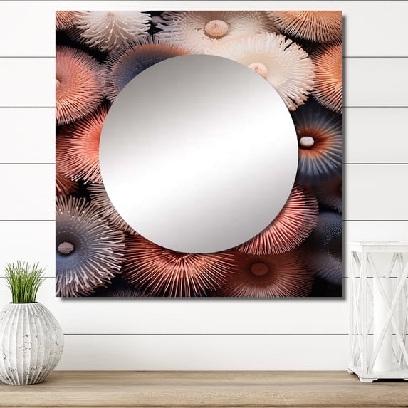 Designart "Coastal Magic Of Pink Corals" coastal coral under water Square Mirror For Wall Decor - Large Pink Square Mirror Printed Wall Decor - Coastal Square Living Room Mirror