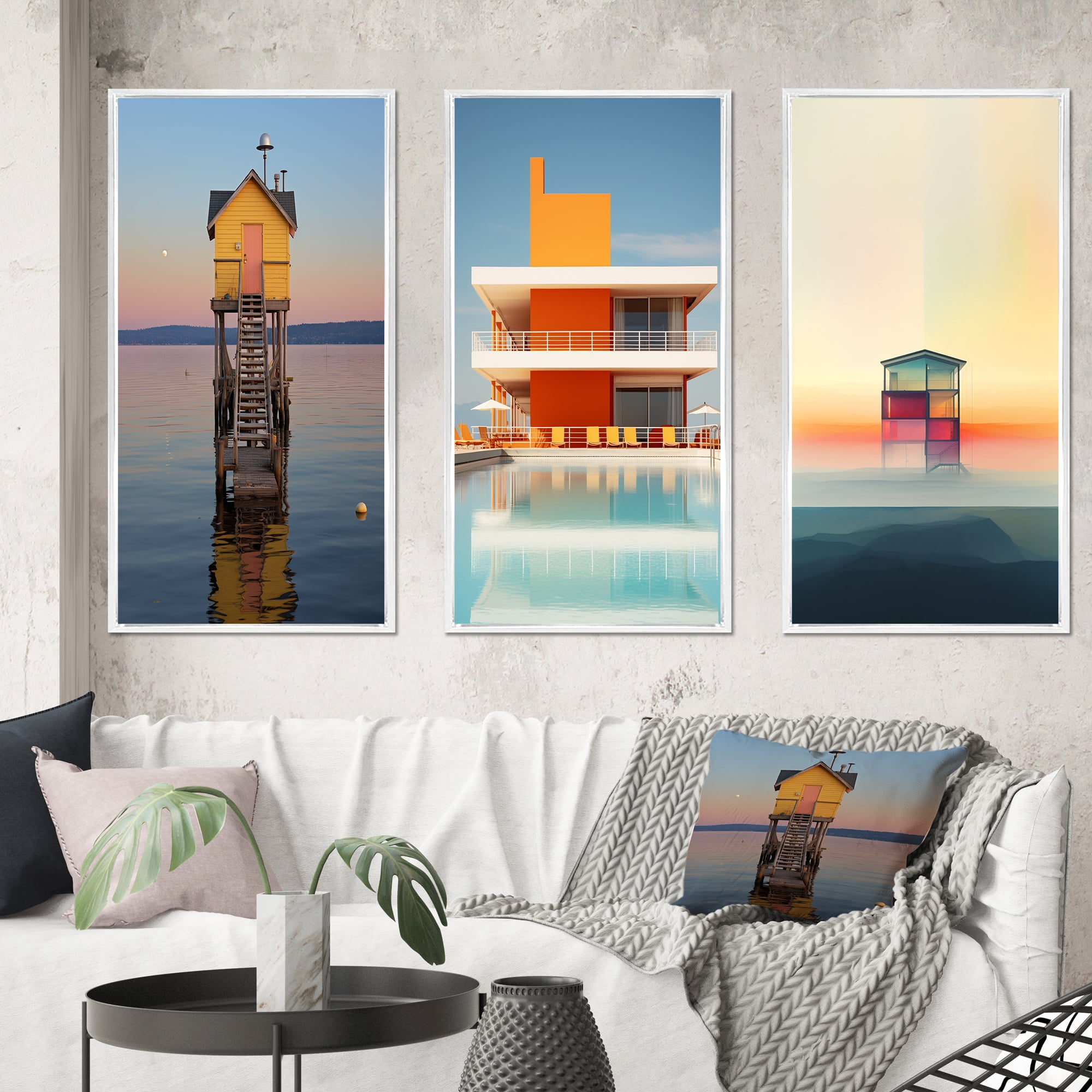 Designart "Coastal Minimalism Yellow Building in Water II" Beach Framed ...