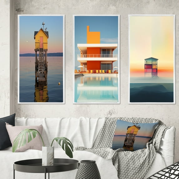 Coastal Minimalist Home Decor Shops Reference: Designart Coastal Minimalism Yellow Building In Water Ii Beach Framed