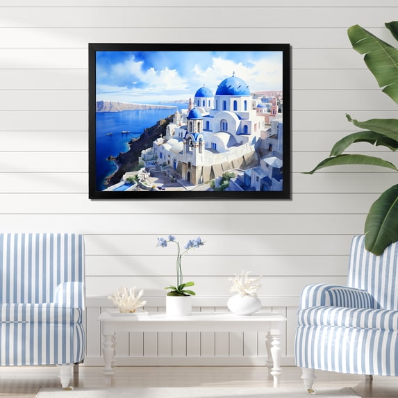 Designart "Coastal Orthodox Church Greece III" Landscapes Framed Wall Art Decor - Country Blue Greece Living Room Framed Canvas Art