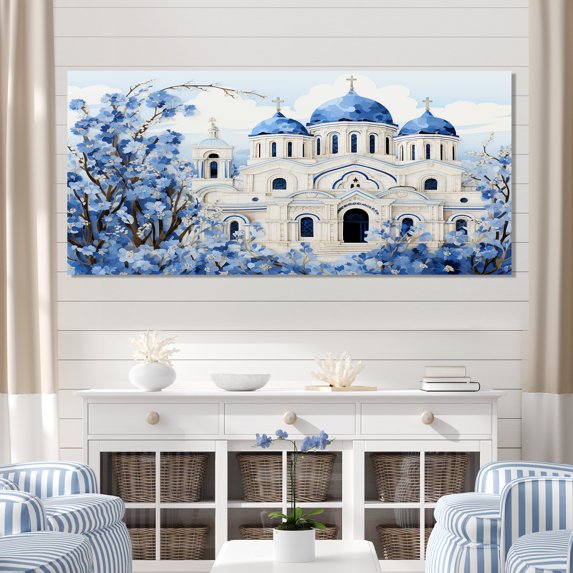 Designart "Coastal Orthodox Church Greece IV" Extra Large Landscapes Wall Art - Country Blue Greece Entryway Wall Art Print