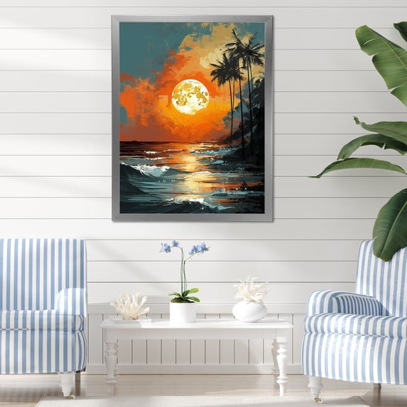 Designart "Coastal Paradise Strip at Sunset I" Coastal Framed Wall Art - Coastal Orange Coastal Minimalism Living Room Framed Canvas Art