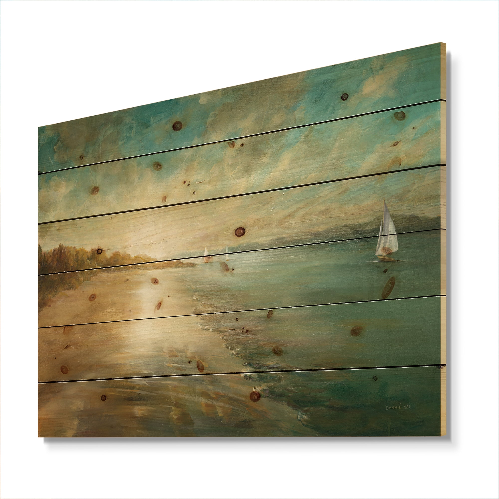 Designart 'Coastal Pastel Horizon' Nautical & Coastal Print on Natural Pine Wood