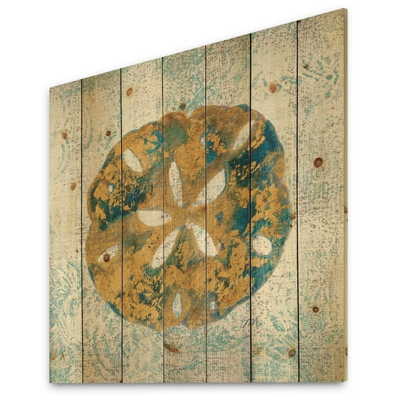 Designart 'Coastal Pastel seashells II' Vintage Nautical Print on Natural Pine Wood