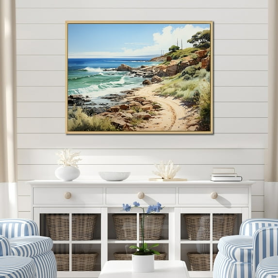 Designart "Coastal Pathway Rocky Beach painting" Nautical & Beach Floater Framed Wall Art Living Room