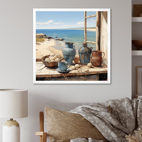 Designart "Coastal Potteries Window View" Farm Framed Wall Art Decor - Country Blue Farm Windows Entryway Framed Wall Art