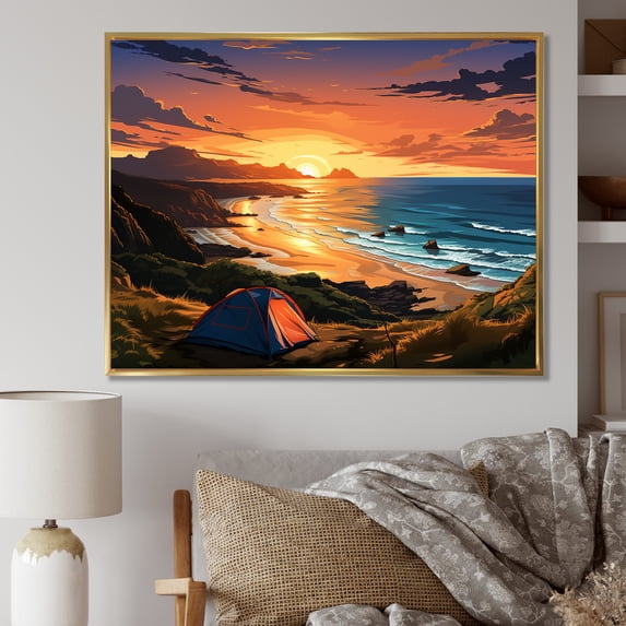 Designart "Coastal Retreat with Camping Tents II" Landscapes Framed Wall Art - Country Yellow Camping Travel Bedroom Framed Canvas Wall Art