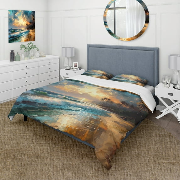 Designart "Coastal Retreats in Green and Blue" Beach Bedding Covert Set - Coastal Beach Green Coastal Bed Set With 2 Shams