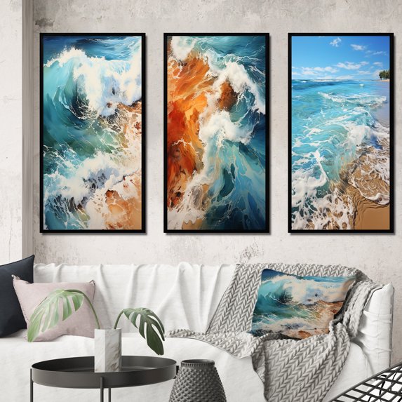 Designart "Coastal Reverie Beach Photo IV" Nautical & Beach Framed Wall Art Set Of 3 - Teal Beach Frame Canvas Set For Living Room Decor