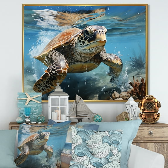 Designart "Coastal Scene In Watercolor" Animals Turtle Floater Framed Wall Art Prints