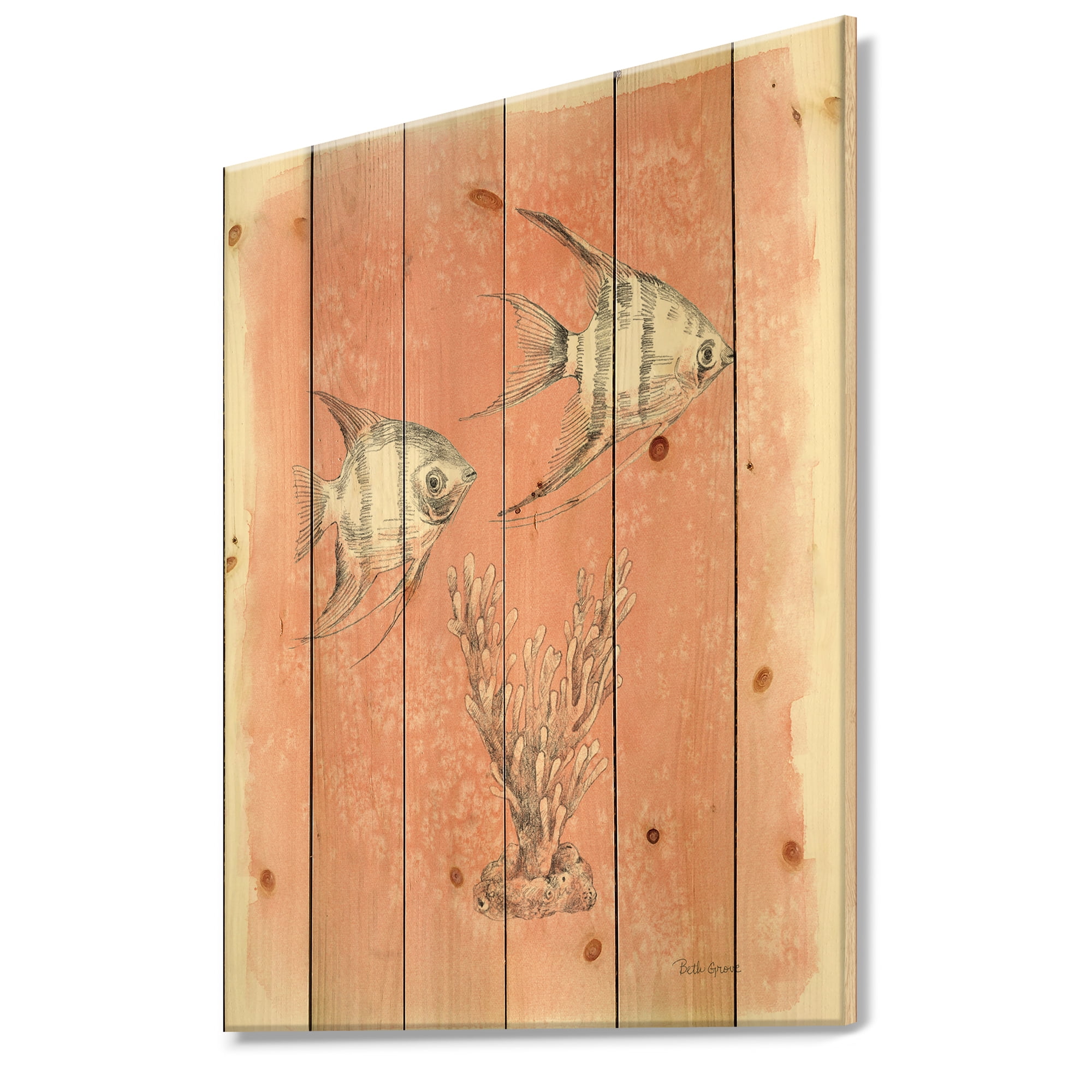 Designart 'Coastal Sea Life III fish sketches' Nautical & Coastal Print on Natural Pine Wood