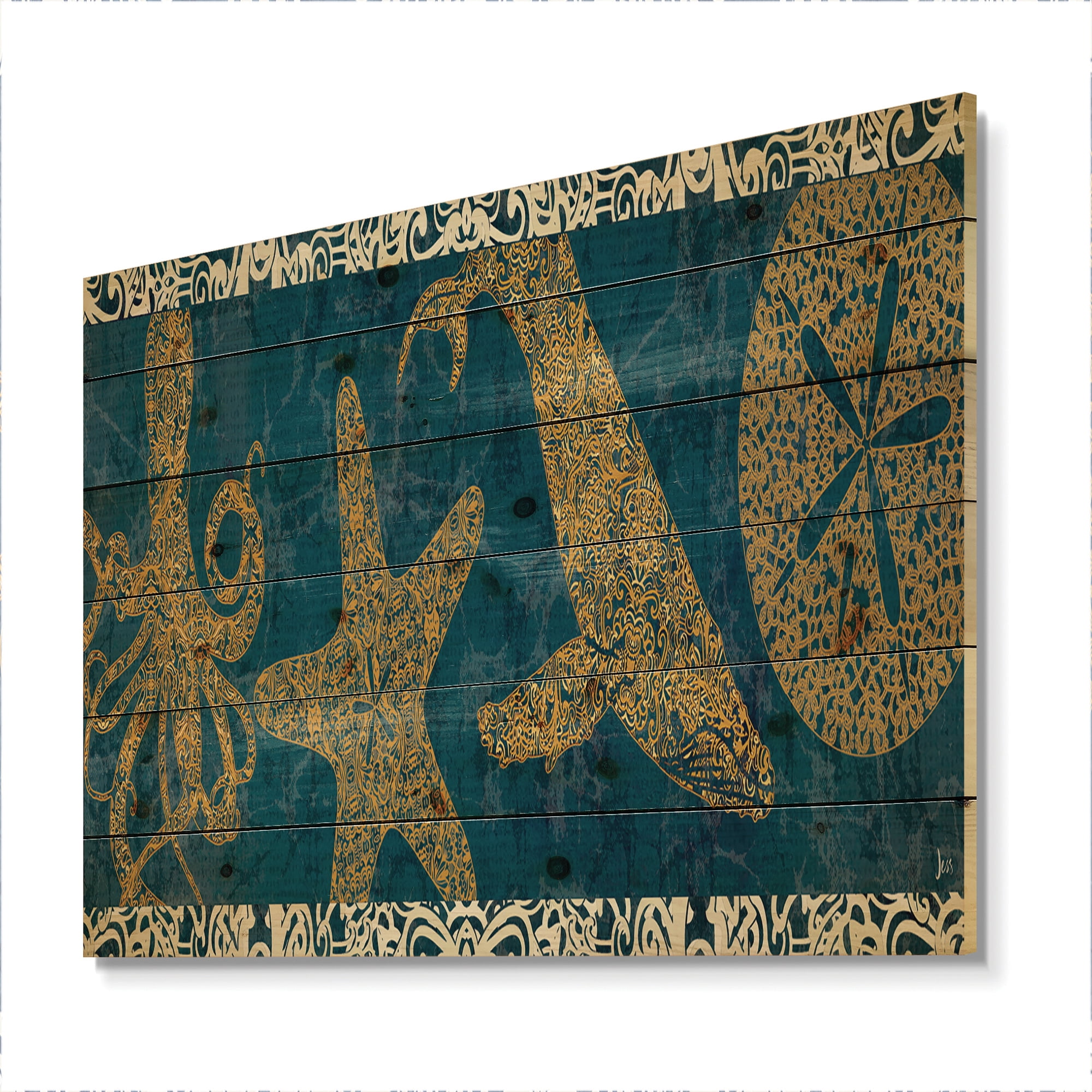Designart 'Coastal Sea Life Seastar And Octopus' Nautical & Coastal Print on Natural Pine Wood
