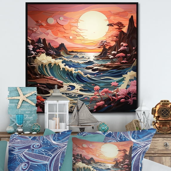 Designart "Coastal Seashore Charm Papercut" Nautical & Beach Floater Framed Canvas Print