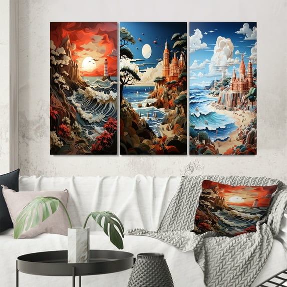 Designart "Coastal Seaside euphony Papercut" Nautical & Beach Wall Art Set Of 3 - Multi-Color Beach & Ocean Canvas Set For Living Room Decor