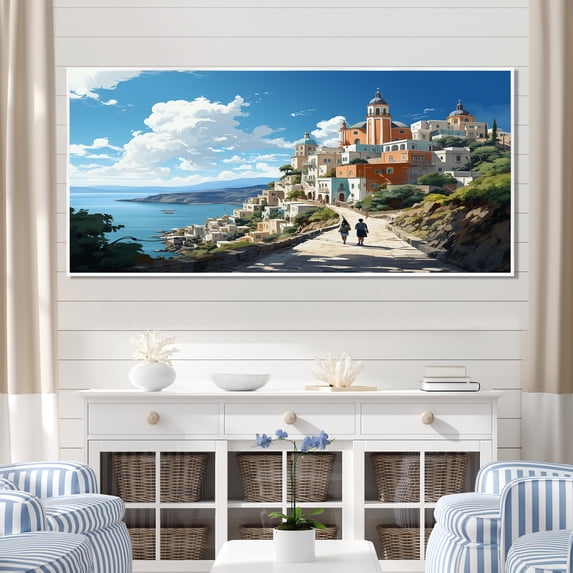 Designart "Coastal Serenade Hidden Port I" Extra Large Coastal Framed Wall Art - Coastal Blue Coastal Port Entryway Framed Wall Art Print