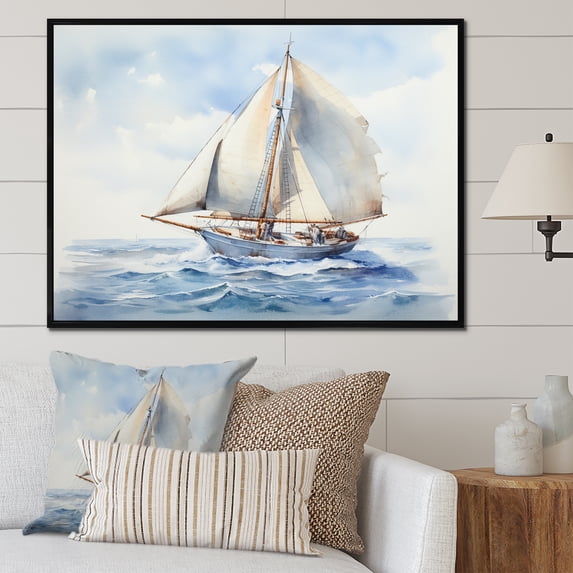 Designart "Coastal Serenity Watercolor Sailboat on Horizon III" Transportation Framed Wall Art - Modern White Boat Sailing Hallway Framed Wall Art Decor